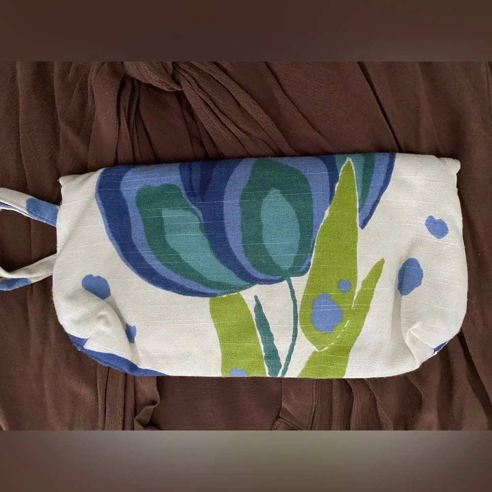 Linen textured floral fabric clutch w wrist strap small maker brand